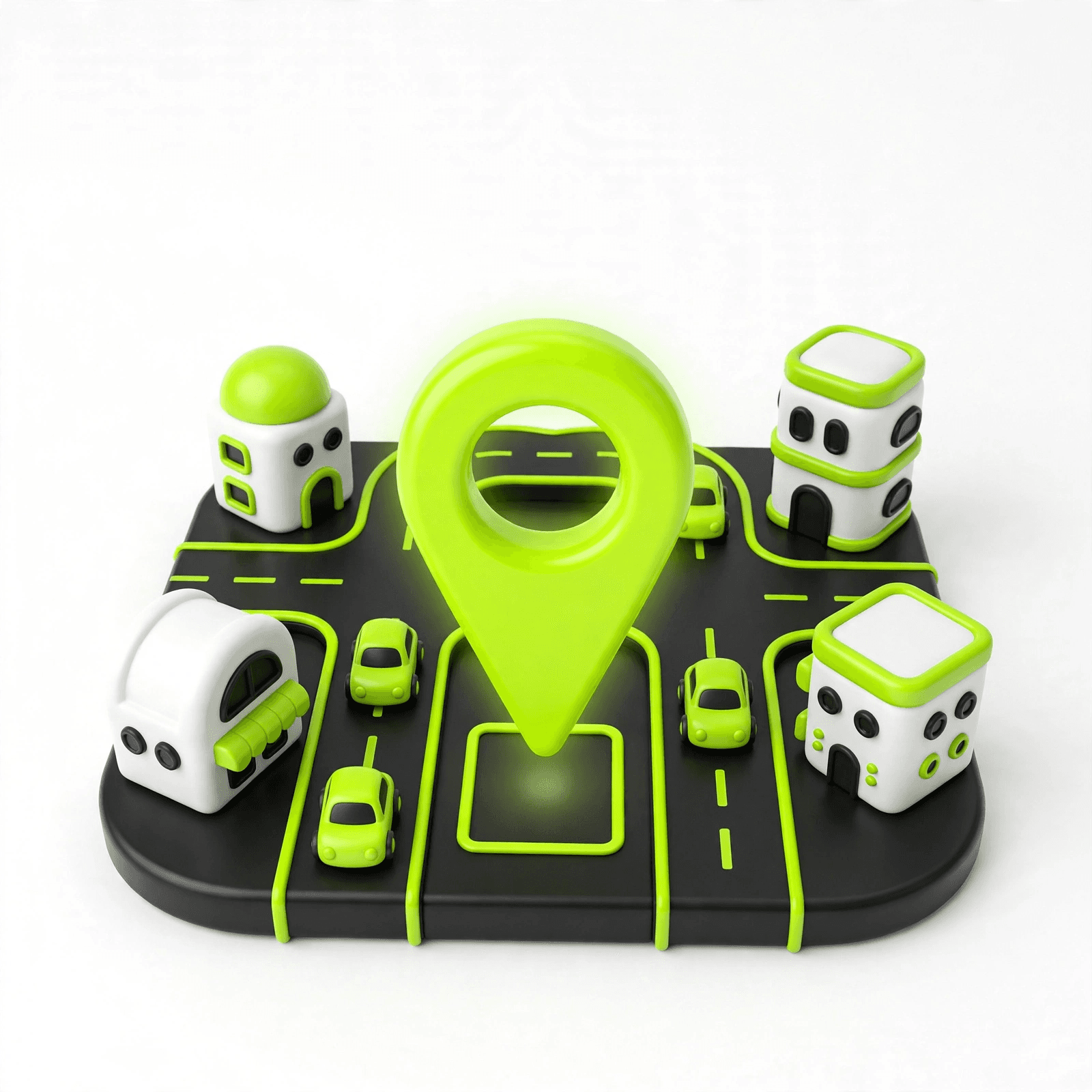 3D illustration of a tiny city with a glowing green map pin dropping onto an empty parking spot