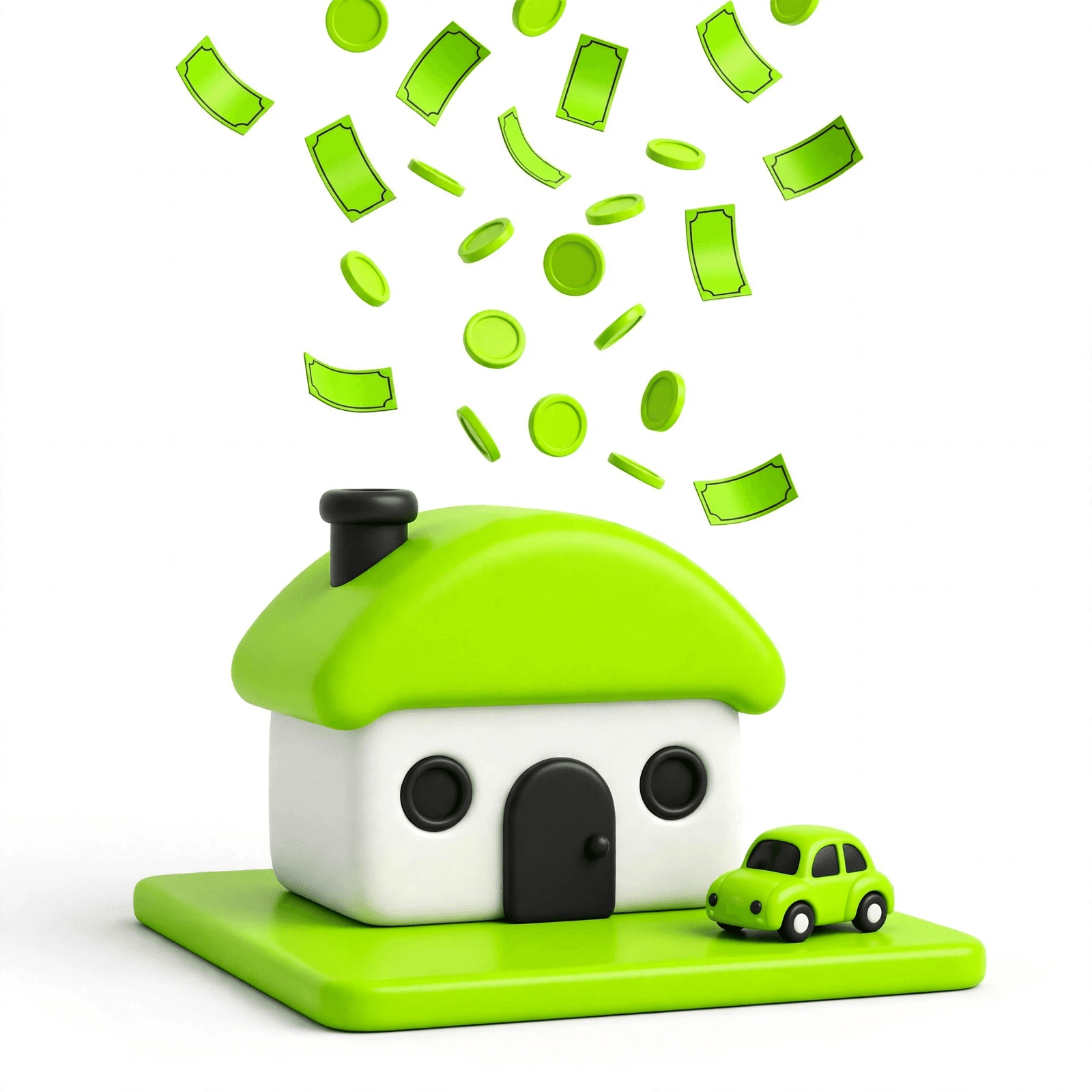 3D illustration of a house with a car in the driveway and coins floating up