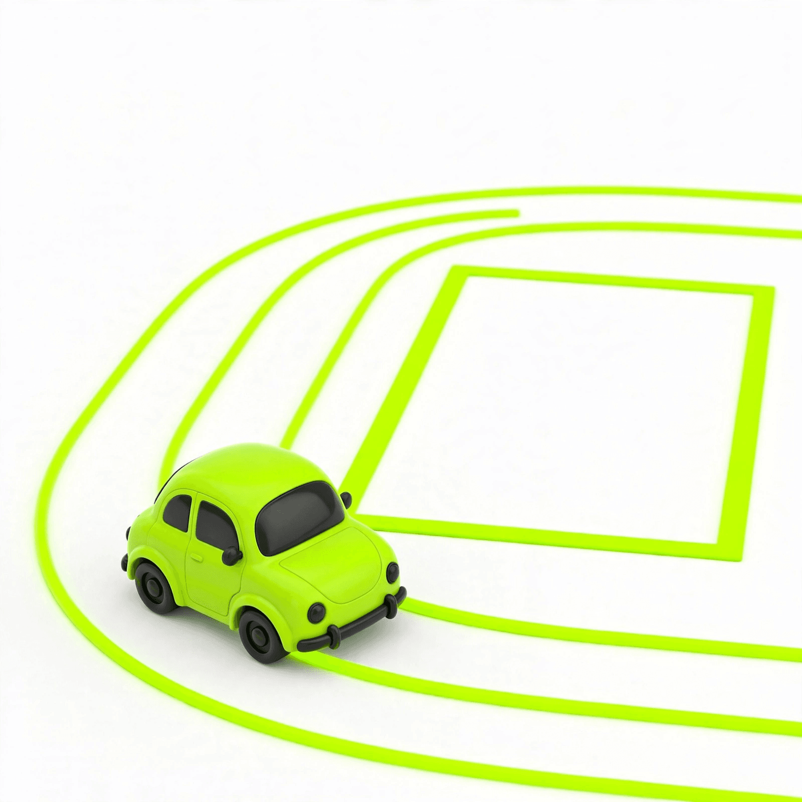3D illustration of a tiny car parking into a marked bay