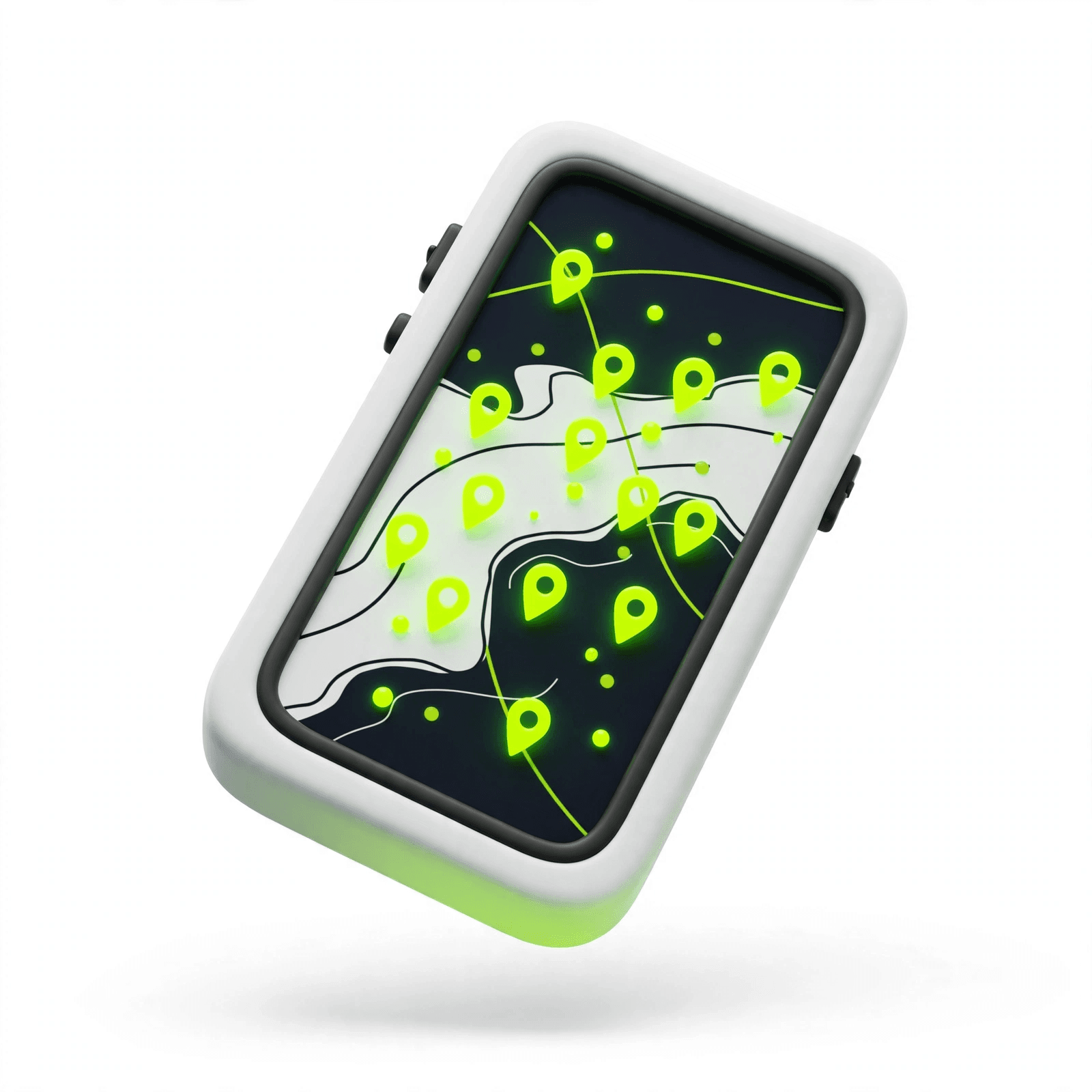 3D illustration of a smartphone showing a map with parking pins